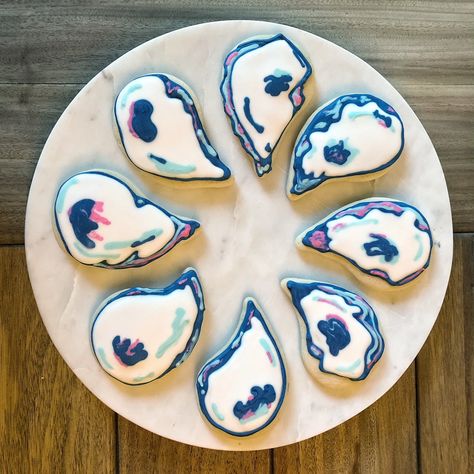 Oyster shell cookies! Coastal Cookies Decorated, Oyster Themed Party, Coastal Cookies, Shell Cookies, Oyster Cookies, Seafood Boil Party, Wedding Palettes, Nautical Wedding Inspiration, Wedding Shower Cookies