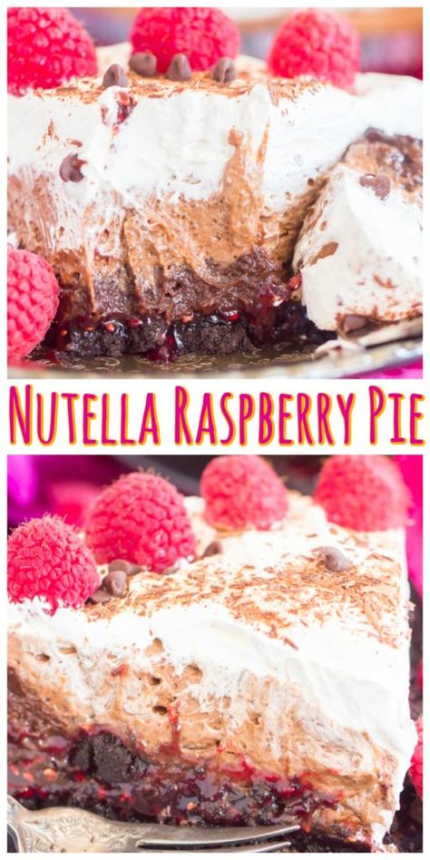 No Bake Raspberry Nutella Pie features layers and layers of chocolate and raspberry, but still preps in under 20 minutes! Pastry Crust Recipe, Nutella Raspberry, Raspberry Pie Recipe, Nutella Pie, Baking Recipes Pie, Chocolate And Raspberry, Pudding Flavors, Raspberry Desserts, Nutella Desserts