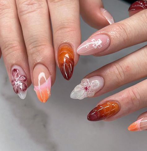 Burnt Orange ｡ 🌺 Mainly a recreation from @nailsbyelisee on Medium Almond Gel-X 3D flowers made with YOGO KK clear @kiokonailsupply shop Korean supplies with code JANET to save $$ 💗 #nailinspo #naildesign #gelxinspo #vancouvernails #3dflowernails #flowernails #springnails #nails2inspire #trendynails Clear Orange Nails, Orange Daisy Nails, Korean Supplies, 3d Flower Nails, Medium Almond, Daisy Nails, Orange Nails, 3d Flowers, Summer Nail