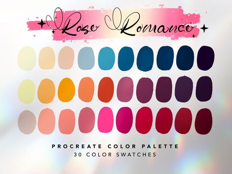 Rose Romance Color Palette For Procreate This color palette contains 30 color swatches to use in Procreate App. These colors were handpicked and were inspired by an enchanted rose.  ⭐️ || YOU WILL RECEIVE || ⭐️ 1 x Procreate Palette Instructions 1 x JPG file with all swatches 1 x Rose Romance Color Palette for Procreate || .swatches file ⭐️ || HOW TO USE || ⭐️ 1. You will receive an email after you complete checkout with a link to download the files.  2. You can also log into your Etsy account o Romance Color Palette, Procreate Swatches, Color Palette Procreate, Procreate Palette, Procreate Color Palette, Illustration Colorful, Colorful Palette, Procreate Ipad Art, Color Schemes Colour Palettes