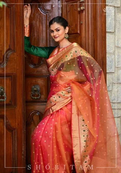 Shop the latest collection of traditional and designer Kanchipuram, Banarasi Sarees online from Shobitam Designs. Free Shipping & Best Prices with Silk-mark certified quality. Red Anarkali Dress, Pink Shot, Inner Happiness, Chanderi Silk Saree, Silk Saree Blouse, Soft Silk Sarees, Natural Silk, Pink Saree, Banarasi Sarees