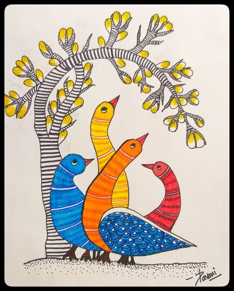 Gond Art Simple, Easy Gond Art, Gond Painting Folk Art Birds, Gond Art Easy, Godna Art, Madhubani Birds, Pithora Painting, Gond Art, Hand Art Kids