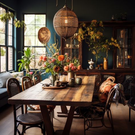 Goblincore Dining Room, Earthy Boho Dining Room, Whimsigoth Table, Whimsigoth Dining Table, Cozy Dining Rooms, Dark Academia Dining Table Decor, Cozy Earthy Dining Room, Dining Rooms With Wallpaper, Dining Room Earthy