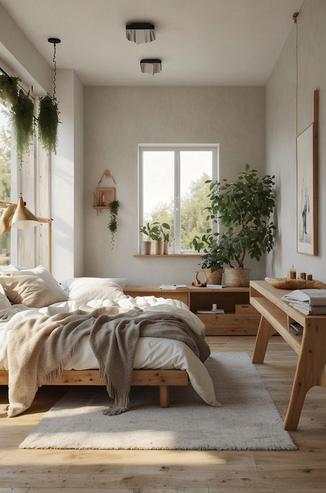 Scandinavian Home Decor, Cozy Scandinavian Bedroom, Warm Bedroom Colors, Japandi Bedroom Ideas, Aesthetic Bedroom Decor, Warm Bedroom, Bedroom Corner, Oak Bedroom, Single Bedroom