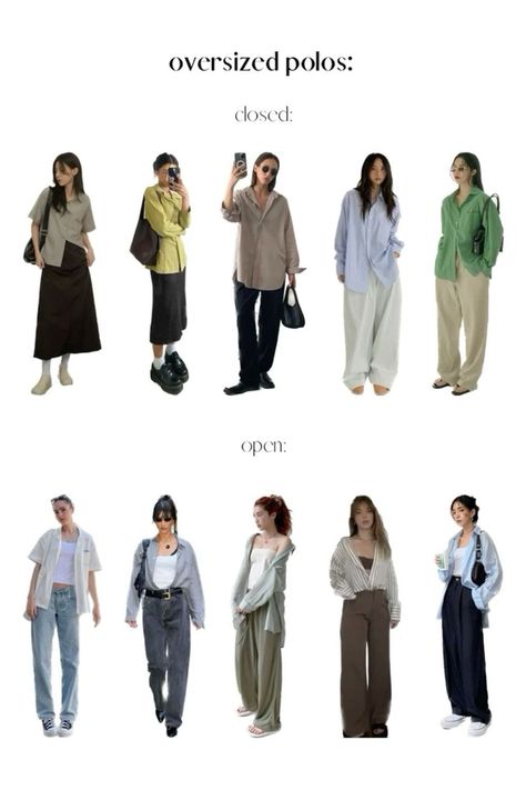 Buttons Up Shirt Outfit, Button Down Long Sleeves Outfit, Oversized Button Outfit Women, How To Style A Polo Shirt Women Outfit Ideas, Oversize Outfit Ideas For Women, Oversized Shirt Styling Ideas, Dress And Button Up Shirt Outfit, Outfits With Shirts Aesthetic, How To Style Printed Shirt