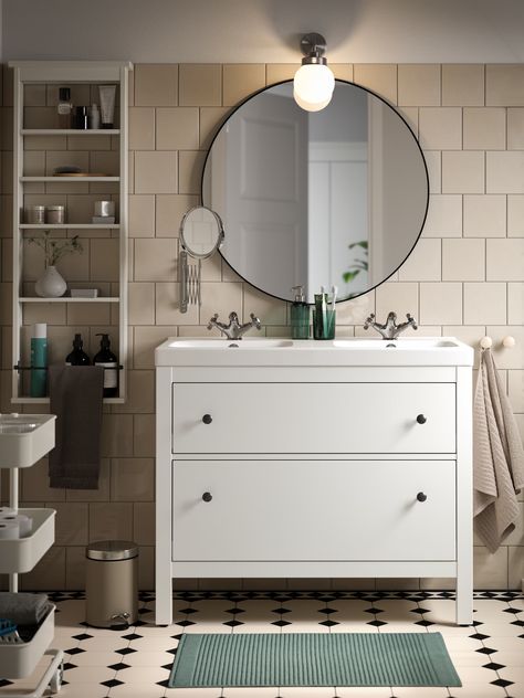 HEMNES bathroom series - IKEA Hemnes Bathroom, Ikea Bathroom Vanity, Ikea Farmhouse, Wood Floor Bathroom, Bathroom Planner, Ikea Bathroom, Ikea Hemnes, Black And White Tiles, Gold Bathroom