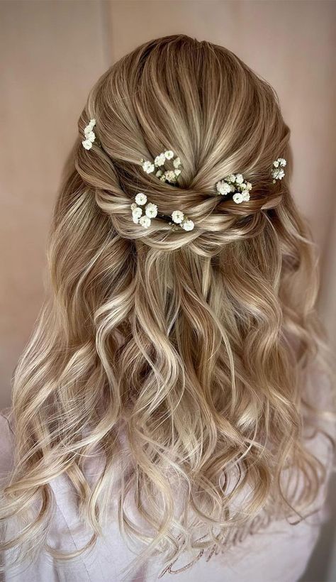 half up half down hairstyle, wedding half up half down hairstyle, boho half up, bridal hairstyle, bridal half up half down, wedding hair down, half up half down bridal hairstyle Half Bun Hairstyles, Bridal Hair Half Up, Cute Prom Hairstyles, Half Up Wedding Hair, Wedding Hair Half, Prom Hairstyle, Wedding Hairstyles Medium Length, 2024 Prom, Wedding Hairstyles With Veil