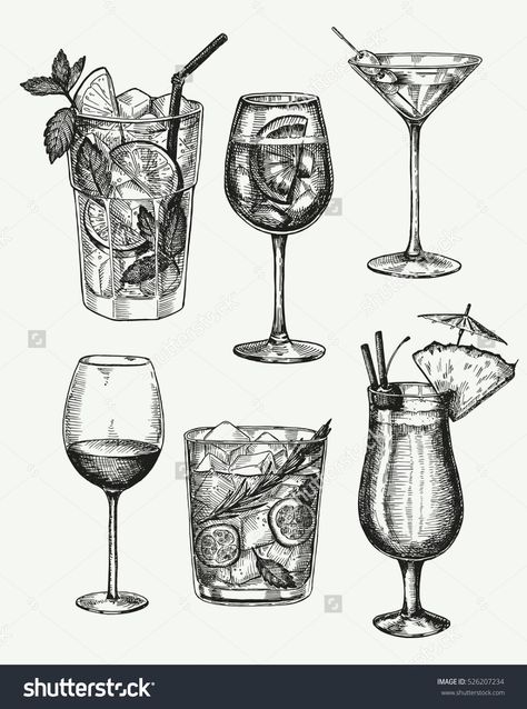 Cocktails Vector, Food Illustration Art, Black And White Sketches, Cat Vector, Hand Drawn Vector Illustrations, Dog Vector, Vector Sketch, Valentine's Day Greeting Cards, Vector Pop