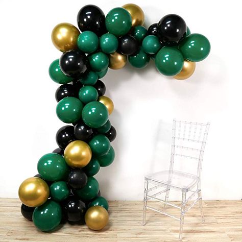 Green Decorations For Birthday, Emerald Green Backdrop With Balloons, Green And Black Birthday Decorations, Dark Green Birthday Decorations, Green Black And Gold Birthday Decor, Black And Green Birthday Decor, Emerald Green Gold And Black Party Decor, Green Graduation Party Ideas, Green Balloon Decorations