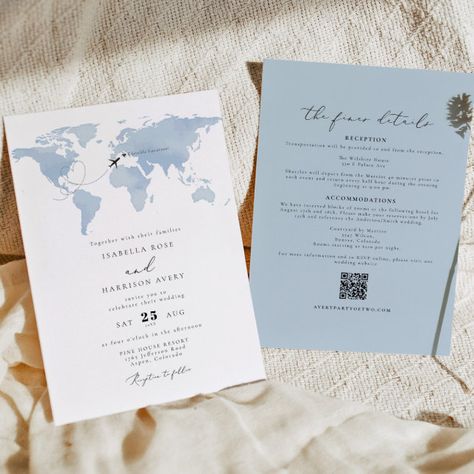 CARMEN Destination Blue Map Wedding Details Invita Invitation This wedding invitation features a dusty blue watercolor map and elegant script font with a portion to include your additional details on the backside. Easily edit MOST wording to meet your needs and move the heart/change the location to highlight your wedding destination. This invite is perfect for your adventure, travel, or abroad wedding. Wedding Invitations Travel, Travel Wedding Invitations, Abroad Wedding, Rsvp Cards Wedding, Wedding Invitations Destination, Map Wedding, Personalized Wedding Invitations, Blue Map, Wedding Adventure