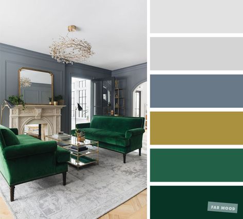 Emerald Green + Blue Grey - The Best Living Room Color Schemes #color #livingroom #emeraldgreen #bluegrey #homecolor Green Living Room Color Scheme, Emerald Green Living Room, Good Living Room Colors, Green Sofa Living Room, Green Living Room Decor, Indian Living Rooms, Best Living Room, Gold Living Room, Living Room Color Schemes