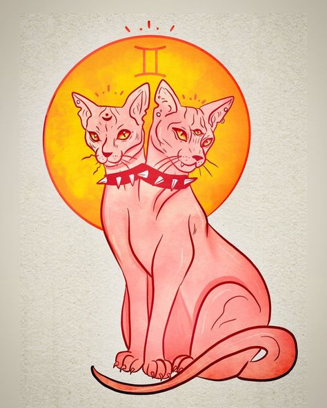 Spooky Gemini Art, Gemini Cat Tattoo, Gemini Drawings, Gemini Drawing Zodiac Art, Gemini Painting, Gemini Tarot Card, Gemini Drawing, Gemini Artwork, Gemini Tattoos