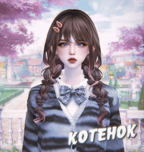 Hair Set⭐118 | kotehok on Patreon Sims 4 Custom Content Patreon, Two Color Hair, Sims 5, Cherry Hair, Hair Set, Tumblr Sims 4, Patreon Logo, Sims 4 Characters, Sims 4 Collections