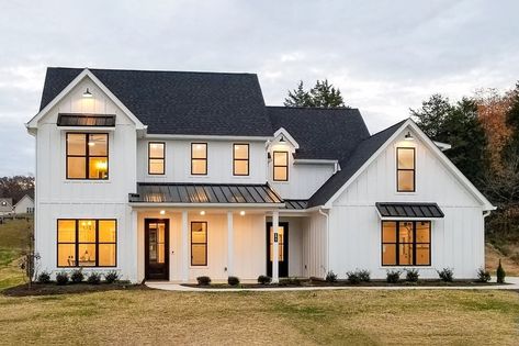 AD House Plans on Instagram: “🏠 Have you seen this Farmhouse plan yet?!🌟We just loaded up new photos of our Country Farmhouse Plan #710062BTZ build by our friends at…” Black Metal Porch Roof, Shingle And Metal Roof Combination, Metal And Shingle Roof Combination, Galvalume Metal Roof, Home With Metal Roof, Brown Metal Roof, Metal Porch Roof, Exterior Farmhouse Ideas, White House Black Windows