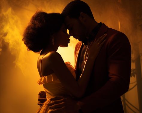 Ultra-realistic full-body image of a young African-American couple embracing at night dressed in 1960s attire, capture the spirit of the late 1960s, in the style of Blaxploitation, warm tones, artistic, Cinestill, chiaroscuro, silhouette, wide angle, Afro hair, red neon light --aspect 5:4 Afro Hair Red, Silhouette Of Couple, Couple Embracing, African American Couples, American Couple, Velvet Painting, Red Neon, Couple Silhouette, Black Couple