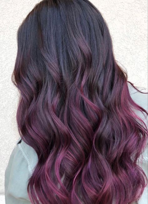 Brown Hair Wine Highlights, Brown And Plum Balayage, Dark Brown To Burgundy Hair, Brown Hair With Plum Balayage, Dark Brown And Colorful Hair, Plum Brown Balayage, Dark Hair Purple Balayage, Dark Brown Hair With Burgundy Peekaboo, Dark Brown To Purple Balayage