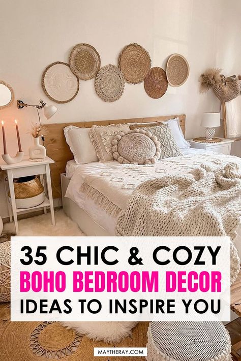 Need some cozy bedroom decor ideas and inspirations? These are boho bedroom ideas that are so warm and cozy, you'll be so inspired! Master Bedrooms Decor Boho Chic, Boho Beige Bedroom, Classy Boho Bedroom, Bohemian Bedroom Decor Vintage, Cream Bedding Boho, Boho Adult Bedroom, White Boho Bedding, Teen Boho Bedroom Ideas, Adult Bedroom Ideas For Couples Cozy