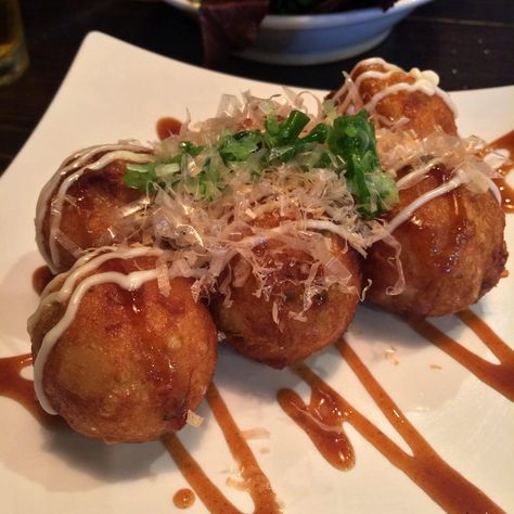 Takoyaki (Octopus Ball with Bonito Flakes) - at Jinya Ramen Bar Balls Aesthetic, Mafia Core, Vegan Takoyaki Recipe, Octopus Ramen, Anime Takoyaki, Jinya Ramen, Food Takoyaki, Japanese Takoyaki, Octopus Balls