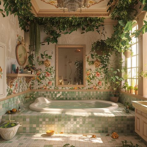 Garden Theme Bathroom, Bathroom With Character, Fairycore Interior Design, Cozy Shower Aesthetic, Whimsical Bathrooms, Green Bathroom Vintage, Bright Bathrooms, Bathroom Cottagecore, Nature Bathroom