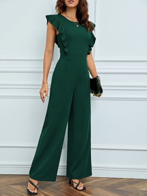 SHEIN Tall Ruffle Trim Keyhole Back Jumpsuit | SHEIN USA Kate Middleton Jumpsuit, Green Formal Jumpsuits And Rompers, Green Sleeveless Ruffled Jumpsuits And Rompers, Green High-waist Jumpsuits And Rompers For Summer, Green Wide-leg Jumpsuits For Party, Green Stretch High-waist Jumpsuits And Rompers, Designer Jumpsuits, Jumpsuit Outfit, Ruffle Trim