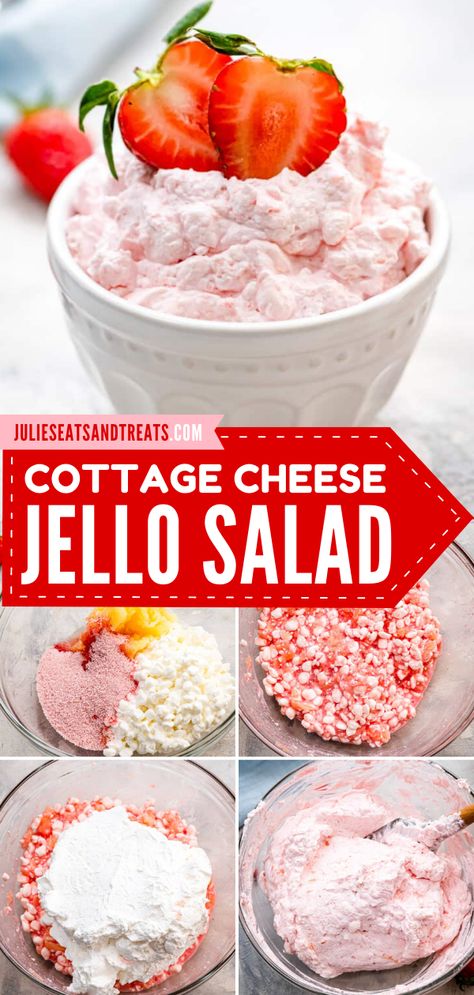 Out of Spring salad recipe ideas? Try this Cottage Cheese Jello Salad! This classic fluff salad is light, fluffy, and creamy. You also have to add this to your favorite Memorial day recipes! Jello Fluff With Cottage Cheese, Cottage Cheese Fluff Salad, Fluff Salad Recipes Cottage Cheese, Fluff With Cottage Cheese, What To Do With Cottage Cheese, Cottage Cheese Fluff, Cottage Cheese Jello Salad, Cottage Cheese Jello, Jello Dishes