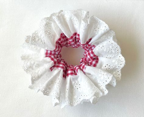 Double Embroidery Lace Scrunchie, Oversize Lace Gingham Scrunchie, Red Gingham Scrunchie, Large Hair Ties, Birthday Gift, Girls Gift. by AnnieJuShop on Etsy Gingham Scrunchie, Gingham Fabric, Handmade Hair Accessories, Pink Girly Things, Red Gingham, Embroidery Lace, Girls Gift, Bridal Shower Gifts, Bridesmaids Gifts