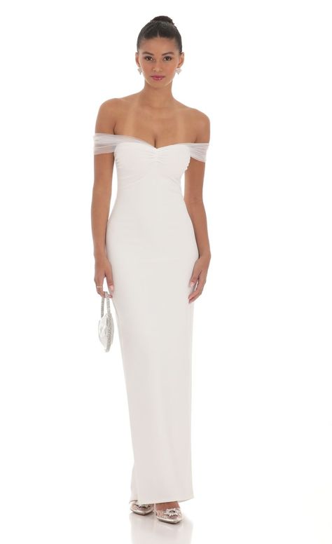 Tulle Off Shoulder Sleeve Maxi Dress in White | LUCY IN THE SKY White Formal Dress Long, Long White Flowy Dress, White Long Prom Dresses, White Lace Long Dress, White Floor Length Dress, Classy Maxi Dress, White Lace Dress Long, White Prom Dress Long, Graduation Dresses Long