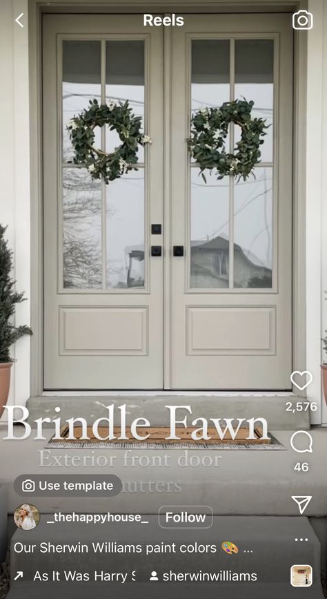 White House Taupe Door, Two Front Doors On House, Best Cream Exterior House Color, Front Door Colors Neutral, Shutter And Door Colors With Tan Siding, White Farmhouse Front Door Color, Taupe Front Door Colors, Tan Front Door Colors, 70s Exterior Remodel