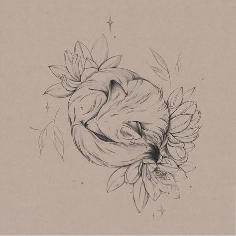 Fox And Lily Tattoo, Animal Tattoo Designs Sketches, Fox Tattoo Small Simple, Fox Moon Tattoo, Little Fox Tattoo, Tiny Fox Tattoo, Fox And Flowers Tattoo, Fennec Fox Tattoo, Cute Fox Tattoo