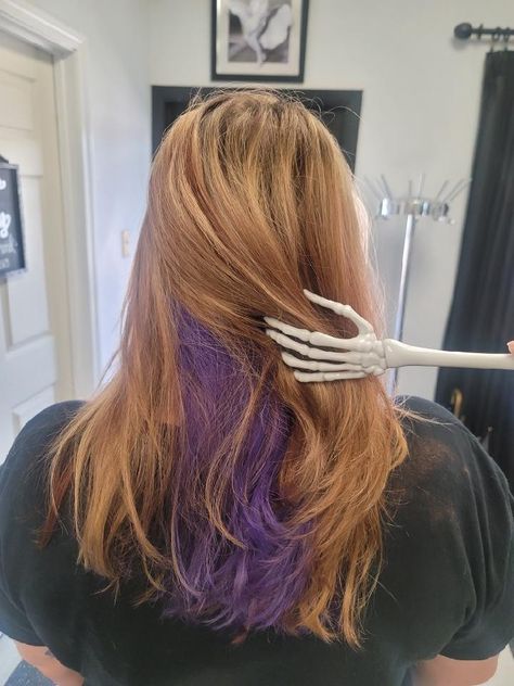 Peekaboo purple hair. Natural Red Hair With Purple Peekaboos, Ginger With Purple Highlights, Ginger Purple Hair, Peekaboo Purple Hair, Ginger And Purple Hair, Peekaboo Purple, Purple Underneath Hair, Purple Peekaboo Hair, Red Purple Hair