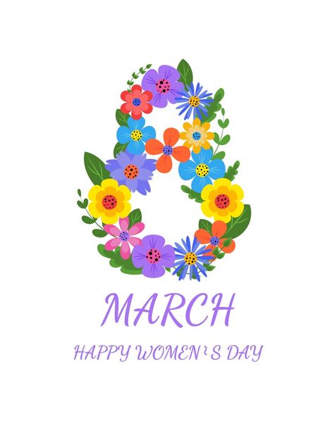 Figured flower eight, for the holiday of women. Postcard for the 8th of March, illustration in a flat style. March Illustration, Happy Women's Day, 8th Of March, Flat Style, Happy Women, Fashion Flats, Ladies Day, The Holiday, Flowers