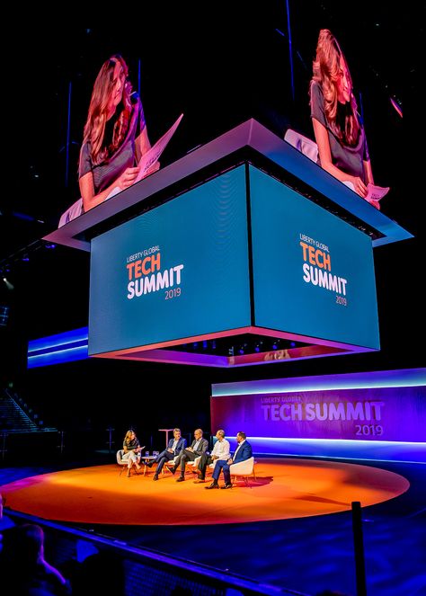 Stage Design, TechSummit 2019 by Liberty Global on Behance Stage Design Corporate, Experiential Marketing Events, Design Stage, Concert Stage Design, Global Summit, Corporate Events Decoration, Architecture Set, Corporate Event Design, Tv Set Design