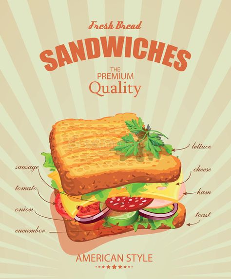 Sandwich Poster In Vintage Style. Stock Vector Sandwich Poster, Vintage Food Posters, Sandwich Bar, Poster Vintage Retro, Retro Cafe, Ingredient Labels, American Diner, Food Poster Design, Retro Recipes