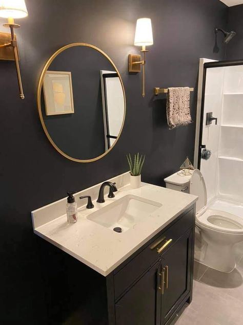 White And Gold Bathroom Ideas, Black White And Gold Bathroom, Gold Bathroom Ideas, Small Dark Bathroom, White And Gold Bathroom, Small Bathroom Inspiration, Half Bathroom Decor, Small Bathroom Colors, Gold Bathroom Decor