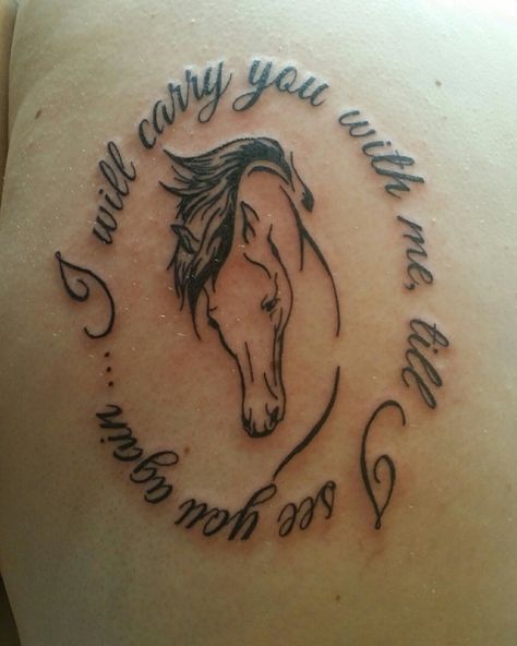 Horse tattoo #loustattoos #brecon Horse Tattoo Quotes, Horse Quote Tattoo, Memorial Horse Tattoo, Horse Memorial Tattoo, Small Horse Tattoo, Memorial Tattoo Ideas, Memorial Tattoo Quotes, Horse Tattoos, Horse Shoe Tattoo