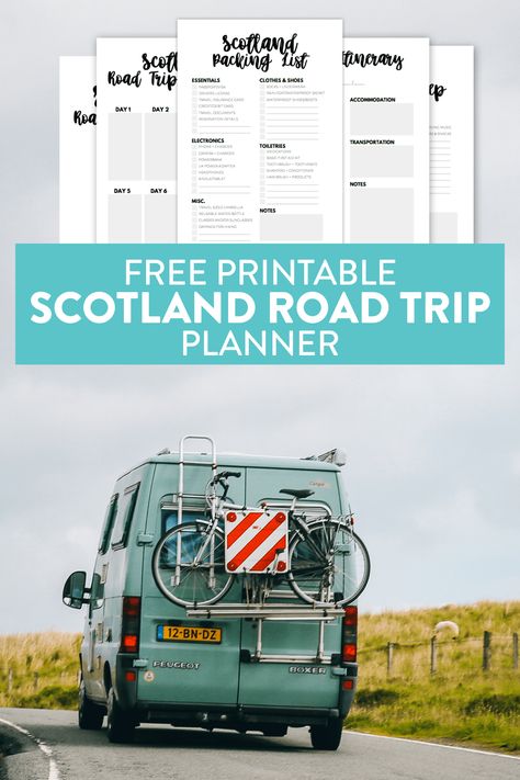 Free Printable Scotland Road Trip Planner. 5 free printable pages that will help you plan your Scotland road trip! What to prep, what to pack & itinerary templates. #UK #Scotland #Europe #FreePrintable #FreePlanner Scotland Road Trip Map, Free Travel Planner, Scotland Travel Guide, Edinburgh Travel, Scotland Vacation, Scotland Road Trip, Road Trip Map, Road Trip Planner, Wales Travel