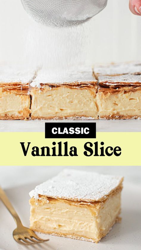 Vanilla Slice Recipe Puff Pastries, Vanilla Slice Recipe Easy, Vanilla Desserts Easy, Vanilla Bean Recipes Desserts, Australian Vanilla Slice Recipe, Vanilla Desert, Dessert Slices, Vanilla Slice Recipe, Vanilla Dessert