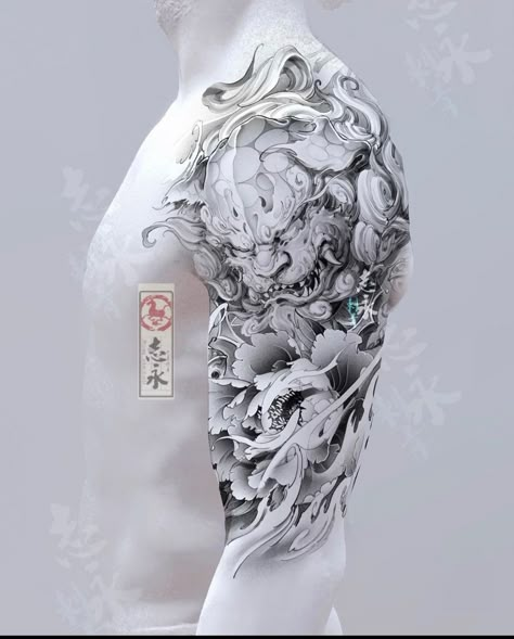 Tato Geisha, Dragon Tattoo Shoulder, Tato Phoenix, Foo Dog Tattoo Design, Ink Tattoo Design, Koi Tattoo Sleeve, Red Tattoo Ideas, Tiger Tattoo Sleeve, Dragon Tattoo Sketch