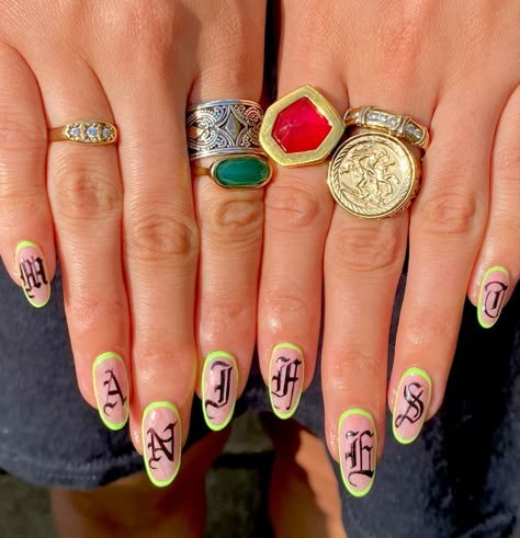 Hand painted Nail art with rose quartz base, old English writing and green outline Words Nail Art, Nail Art With Letters, Writing On Nails Words, Old English Font On Nails, Old English Nail Art, Letters Nail Art, Old English Letter Nails, Old English Font Nails, Lettering On Nails