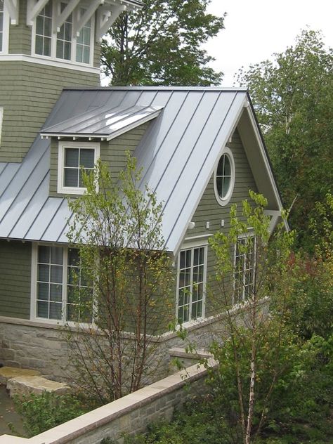 Steel Roof Colors Houses, Gray Tin Roof, Galvanized Metal Roof Farmhouse, Galvanized Tin Roof House, Metal Roof Tan Siding, Galvalume Metal Roof House, Silver Metal Roof Houses, Metal Roof Cottage, Cottage Metal Roof