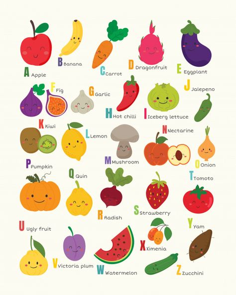 Fruit Alphabet, Risograph Design, Food Alphabet, Abc Wall Art, Abc Chart, English Sentence, Cvc Words Kindergarten, Kids Vegetables, Vegetable And Fruit