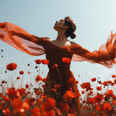 Poppy Field Photoshoot, Poppy Photoshoot, Flora Borsi, Flower Photoshoot Editorial, Ballet Academia, Poppy Outfit, Woman Flying, Poppy Photography, Purple Poppies