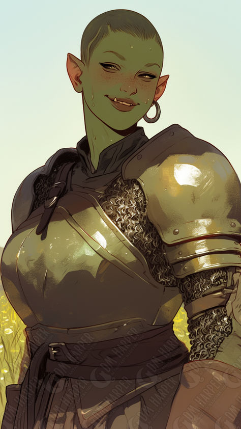 Half-Orc Fighter, Summer Training Female Orc Art, Half Orc Character Design, Orc Fantasy Art, Dnd Orc Character Design, Middle Aged Woman Character Design, Orc Female, Half Dragon Female, Orc Woman, Half Orc Female