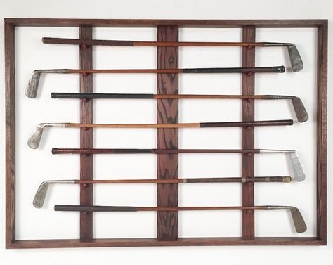 Lost Found Art - Antique Golf Club Display Antique Golf Club Display Wall Art, Hanging Golf Clubs On Wall, Antique Golf Club Display, Golf Club Wall Display, Golf Club Display On Wall, Vintage Golf Club Display, Golf Display Ideas, Club House Interior Design, Club House Interior