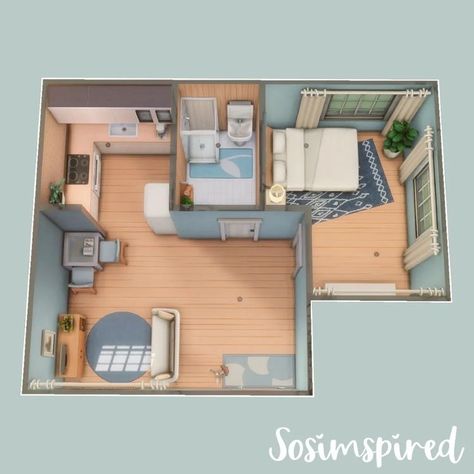 Sims One Bedroom House, Sims 4 Tiny House Ideas Layout, Tiny Living Sims 4 Layout, Sims Freeplay Beach House Ideas, Sims 4 Small Floor Plans, Sims 4 Houses 1 Bedroom, Sims Beginner House, Sims Freeplay Small House Ideas, Sims House Ideas Freeplay