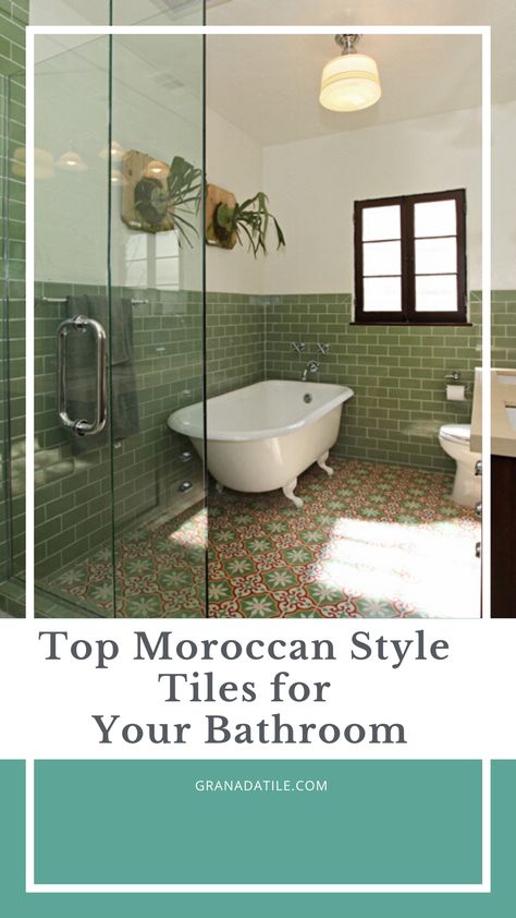 Create a Moroccan-inspired paradise with Granada Tile’s handcrafted cement tiles. Our striking tile designs are commonly used in bathrooms. View more Moroccan style patterns now. Bathroom With Moroccan Tiles, Moroccan Tile Bathroom Floor, Ceramic Tile Bathroom Wall, Moroccan Tiles Bathroom, Moroccan Bathroom Ideas, Moroccan Tile Bathroom, Bathroom Floor Tile Patterns, Tile In The Bathroom, Bathroom Tile Installation