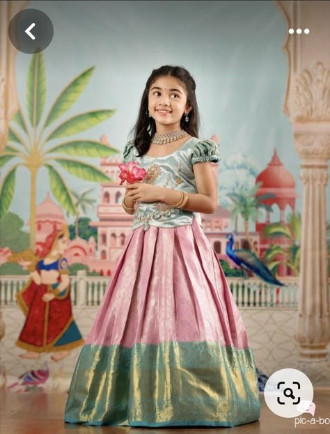 Langa Jacket For Kids Pattu, Langa Jacket, Allu Arha, Indian Backdrop, Kids Gown Design, Pattu Pavadai Designs, Indian Dresses For Kids, Pattu Langa