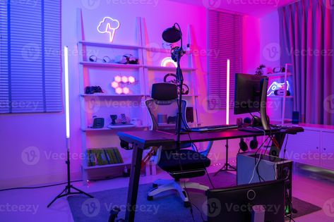 Background of gaming room with neon light , live streaming equipment . Streaming Equipment, Room Background, Gaming Room, Photo Background, Photo Backgrounds, Vector Photo, Neon Lighting, Premium Photo, Live Streaming