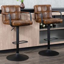 Steelside™ Kyle Swivel Adjustable Height Bar Stool | Wayfair Luxury Barbershop, Modern Kitchen Stools, Leather Swivel Bar Stools, Rustic Bar Stools, Counter Stools With Backs, Leather Kitchen, Sectional Sofa With Chaise, Kitchen Stool, Bar Stools With Backs