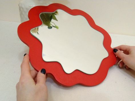 Small red wavy mirror wall decor, Circle funky mirror flower shape, Squiggle little curvy mirror Mirror Squiggle, Dorm Mirror, Distorted Reflection, Squiggle Mirror, Round Wooden Mirror, Curvy Mirror, Asymmetrical Mirror, Boho Mirror, Wavy Mirror